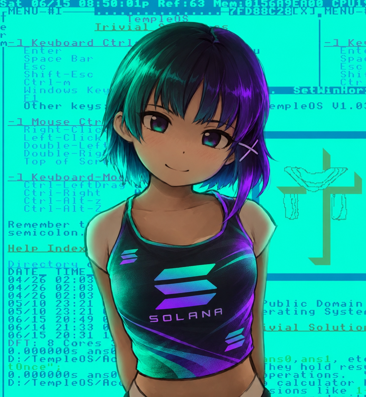 Girlana, a neon cyan and violet cyber-anime girl wearing Solana colors